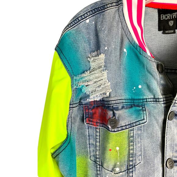 Encrypted Jean Jacket Womens M Blue Denim Graffiti Streetwear Sleeves 1980s - Picture 4 of 11
